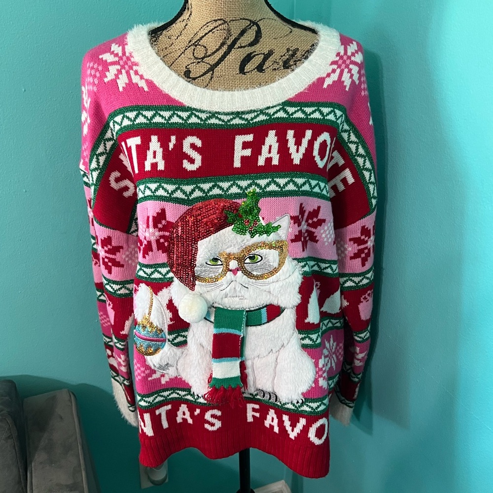 #916 EUC Celebrate Together 4D Santa’s Favorite Kitty Holiday Sweater Size XXL